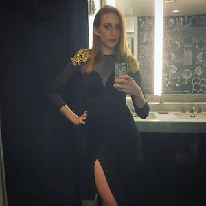 VINTAGE 1980s does 1940s SIREN black mesh embellished sarong slit cocktail dress